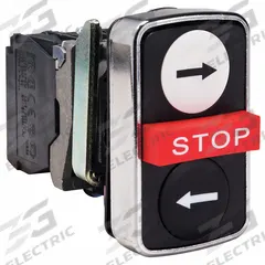 SCHNEIDER ELECTRIC Multihead Operator: 3 Buttons, 22 mm, 1NO/1NC, Metallic (MPN XB4BA711237). Key specifications — AC Contact Rating: 1.5 A @ 480 V; Action: Momentary/Momentary/Momentary; DC Contact Rating: 0.1 A @ 600 V; Legend: Right Arrow/Left Arrow/Stop; Operator Illumination: Non-Illuminated; Product Type: Multihead Operators; Series: XB4; Manufacturer Part Number: XB4BA711237.