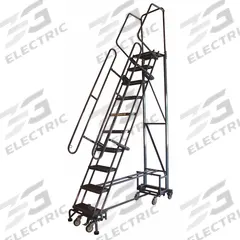 BALLYMORE Rolling Ladder: 8.3 ft Platform Ht, Unassembled, Steel, Wt-Actuated Step Lock, Antislip (MPN NAV-10RF). Key specifications — Folding: Foldable; Color: Gray; Brand: BALLYMORE; Handrail Configuration: Double Handrails.