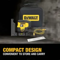 DEWALT Dot Laser: and 3 Dots, Green Beam, 100 - 200 ft Range w/o detector, ±1/8 in @ 33 ft Accuracy (MPN DCLE16031GB). Key specifications — attr934757: DEWALT; attr936112: ±1/8 in @ 33 ft; attr936114: Pendulum Self-Leveling; attr935981: Mounting Plate.
