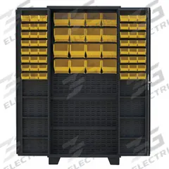 JAMCO Bin Cabinet: 36 in x 24 in 78 in, 8 Shelves, 64 Bins, Yellow, Deep Box, 14 ga Panel, Black (MPN DU236BL). Key specifications — Bin Color: Yellow; Bin HxWxD: (48) 3 in x 4-1/8 in x 7-1/2 in; Assembled: Assembled; Cabinet Style: Shelf and Bin; Brand: JAMCO; Cabinet Color: Black; Cabinet Finish: Powder Coated; Cabinet Material: Steel.