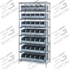 QUANTUM STORAGE SYSTEMS Bin Shelving: 36 in x 18 in x 74 in, 1 Sided, 35 Bins, Open, Shelf Bin, Gray (MPN WR8-461GY). Key specifications — Includes Bins: Yes; Bin Material: Polypropylene; Frame Color: Silver; Bin HxWxD: (35) 7 in x 6 in x 18 in; Frame Material: Steel; Bin Color: Gray; Bin Style: Shelf; Brand: QUANTUM STORAGE SYSTEMS.