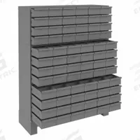 DURHAM MFG Enclosed Bin Shelving: 34 in x 12 1/4 in x 48 in, 72 Drawers, Steel, 144 Dividers, Gray (MPN 019-95). Key specifications — Cabinet Material: Steel; Includes Dividers: Yes; Cabinet Finish: Powder Coated; Drawer Color: Gray; Cabinet Style: Drawer; Drawer Inside WxDxH: (72) 4-7/8 in x 11-1/4 in x 3-3/4 in; Cabinet Color: Gray; Drawer Material: Steel.