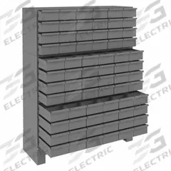 DURHAM MFG Enclosed Bin Shelving: 34 in x 12 1/4 in x 48 in, 72 Drawers, Steel, 144 Dividers, Gray (MPN 019-95). Key specifications — Cabinet Material: Steel; Includes Dividers: Yes; Cabinet Finish: Powder Coated; Drawer Color: Gray; Cabinet Style: Drawer; Drawer Inside WxDxH: (72) 4-7/8 in x 11-1/4 in x 3-3/4 in; Cabinet Color: Gray; Drawer Material: Steel.