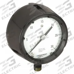 ASHCROFT Process Pressure Gauge: 0 psi to 30 psi, White, 4 1/2 in Dial, 1/2 in NPT Male, Bottom (MPN 451279AS04L30#). Key specifications — Brand: ASHCROFT; Pointer Color: Black; Accuracy: ±0.5%; Dial Color: White; Gauge Wetted Parts: Brass / Bronze; Case Material: Phenolic; Vibration Resistance Properties: None; Pressure Range: 0 psi to 30 psi.