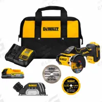 DEWALT Cut-Off Tool Kit: 3 in Wheel Dia, Trigger, Brushless Motor, 1.7 Ah Battery Capacity, 20V DC (MPN DCS438E1). Key specifications — attr1255499: 1.7 Ah; attr1255492: Pistol Grip; attr1255496: Parallel to Handle; attr1255502: Yes; attr1255547: Trigger.