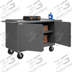 DURHAM MFG Mobile Cabinet Workbench: 66 in x 24 in, Steel, 2,000 lb Overall Load Capacity, Gray (MPN 3400-95). Key specifications — Included Components: Vice Support Shelf; Assembly: Fully Assembled; Brand: DURHAM MFG.