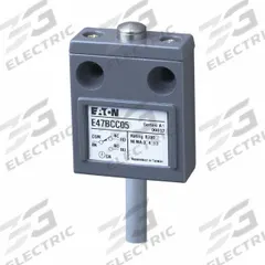 EATON Limit Switch: Plunger Actuator, Momentary, Metallic, Plunger, 42.3 ozf Op Force - Max, 0.07 in (MPN E47BCC05). Key specifications — Manufacturer Part Number: E47BCC05; Brand: EATON; Electrical Connection: Pre-Wired Cable; Action: Momentary; Series: E47; Body Material Type: Metallic; Actuator Type: Plunger.