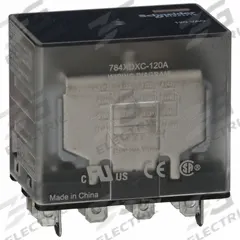 SCHNEIDER General Purpose Relay: Socket Mounted, 15 A Current Rating, 120V AC, 4PDT, F Socket (MPN 784XDXC-120A). Key specifications — Brand: SCHNEIDER; Base Type: Square; Mounting Style: Socket; Electrical Connection: Faston Terminal; Manufacturer Part Number: 784XDXC-120A; Operating Current: 15 A at 28V (NO); Series: 784 Series.