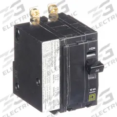 SQUARE D Miniature Circuit Breaker: 20 A, 120/240V AC, Single Phase, 10kA at 120/240V AC, 2 Poles (MPN QOB2201021). Key specifications — Phase: Single; Amps: 20 A; AC Voltage Rating: 120/240V AC; Max. AIR Rating: 10kA at 120/240V AC; For Use With: Square D NQOD Panelboards; Brand: SQUARE D.