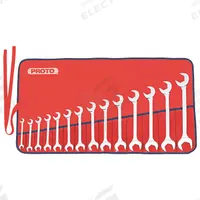 PROTO Open End Wrench Set: Alloy Steel, Chrome, 14 Tools, 3/8 in to 1 1/4 in Range of Head Sizes (MPN J3100B). Key specifications — attr309745: Yes; attr309746: Vinyl Pouch; attr309754: Chrome; attr309753: Alloy Steel; attr324938: PROTO.
