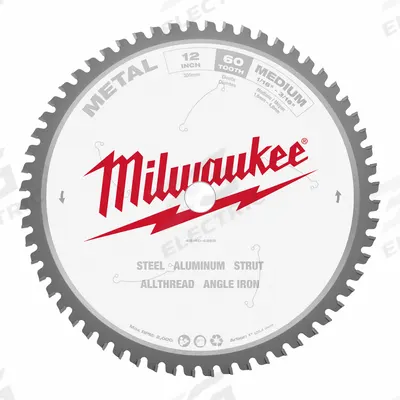 MILWAUKEE Circular Saw Blade: 12 in Blade Dia., 60 Teeth, 0.09 in Cut Wd, 1 in Arbor Size - Steel & General Metal-Cutting Blades