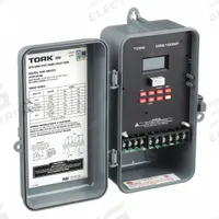 TORK Electronic Timer: 365 day, Astronomic, 120/208-240/277V AC, DPDT, Digital (MPN DZS100BP). Key specifications — Body Material: Plastic; Indoor/Outdoor Usage: Outdoor; Astronomic Functionality: Astronomic; Mounting Style: Surface; Brand: TORK.