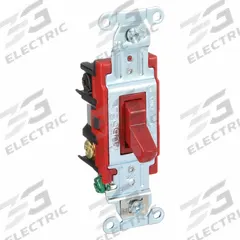 BRYANT Wall Switch: Toggle Switch, 4-Way, Maintained, Red, 120/277V AC, 20 A (MPN 4904BRED). Key specifications — Illuminated: No; Voltage Rating: 120/277V AC.