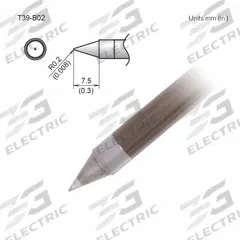 HAKKO Soldering Tip: T39 Series, Conical, 0.2 mm W, 7.5 mm Lg (MPN T39-B02). Key specifications — Brand: HAKKO; Compatible Handpiece Manufacturer Model Number: FX-9701; Manufacturer Part Number: T39-B02.