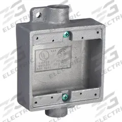 HUBBELL KILLARK Electrical Box: Iron, Square, 2 Gangs, 3/4 in Hub Size, 32 cu in Capacity, Gray (MPN 2FSC-2M). Key specifications — Color: Gray; Brand: HUBBELL KILLARK.
