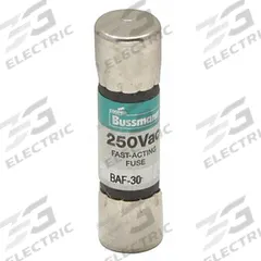 BUSSMANN Fuse: BAF Series, Midget, Fast-Acting, 30 A, 250 V AC, 13/32 in x 1 1/2 in, Non-Indicating (MPN BAF-30). Key specifications — attr1287209: BAF; attr211192: BUSSMANN.
