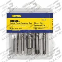 IRWIN Screw Extractor Set: 6 Pc, Spiral Flute, Size #1/#2/#3/#4/#5/#6, 6 PK (MPN 53545). Key specifications — attr1030267: IRWIN; attr1030276: M2.5 to M22; attr1030283: 53545; attr1030273: #6; attr1075325: M2.5 to M22.
