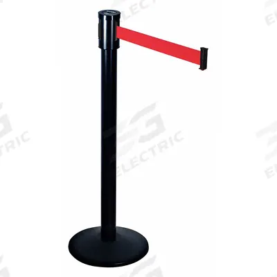 RETRACTA-BELT Barrier Post with Belt: Red, No Pattern, No Legend, 15 ft Belt Lg, Black - Solid-Color Retractable Belt Post Barriers