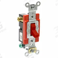 LEVITON Wall Switch: Toggle Switch, 3-Way, Maintained, Red, 120/277V AC, 20 A (MPN A1223-2R). Key specifications — Illuminated: No; Voltage Rating: 120/277V AC.