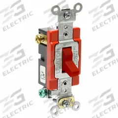 LEVITON Wall Switch: Toggle Switch, 3-Way, Maintained, Red, 120/277V AC, 20 A (MPN A1223-2R). Key specifications — Illuminated: No; Voltage Rating: 120/277V AC.