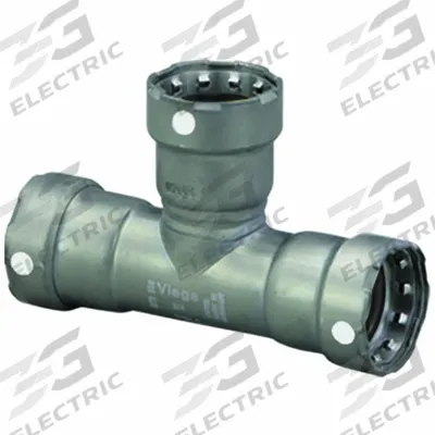 VIEGA MEGAPRESS Crimp Tee Fitting: 1 1/2 in Pipe x 1 1/2 in Pipe x 1 in Pipe Size, Carbon Steel - Steel Press Pipe Fittings