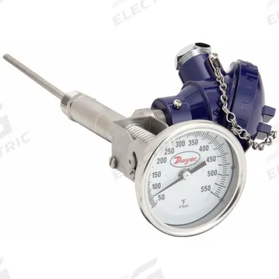 Dwyer Dial Thermometer With Process Output: 50°F to 550°F, +/- 1% Accuracy, 6 in Stem Lg - Thread-Mount Transmitting Dial Thermometers