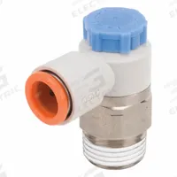 SMC Speed Control Valve: Elbow Fitting, Knob, 3/8 in Valve Body Size, 5/16 in Tube, Meter In (MPN AS3211F-N03-09SA). Key specifications — attr947203: Brass/PBT; attr947205: SMC.