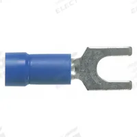 PANDUIT Fork Terminals: Blue, Vinyl, #10 Stud Size, 16 AWG – 14 AWG Wire Range, Std Fork, 600 V (MPN PV14-10F-M). Key specifications — Barrel Style: Funnel Entry; Manufacturer Part Number: PV14-10F-M; Brand: PANDUIT; Series: EV14.