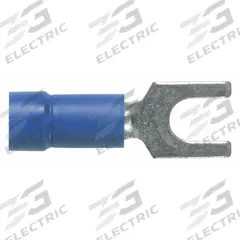 PANDUIT Fork Terminals: Blue, Vinyl, #10 Stud Size, 16 AWG – 14 AWG Wire Range, Std Fork, 600 V (MPN PV14-10F-M). Key specifications — Barrel Style: Funnel Entry; Manufacturer Part Number: PV14-10F-M; Brand: PANDUIT; Series: EV14.