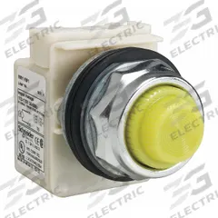 SCHNEIDER ELECTRIC Pilot Light: 30 mm Panel Mounting Size, Yellow, Incandescent, 9001K Series (MPN 9001KP1Y31). Key specifications — Series: 9001K; Brand: SCHNEIDER; Includes Push-To-Test: No Push-To-Test Included.
