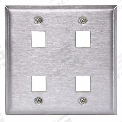 HUBBELL PREMISE WIRING Wall Plate: Gray, 2 Gang, 4 Port, Flat Module, Stainless Steel - Keystone Wall Plates