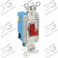 HUBBELL Wall Switch: Toggle Switch, Single Pole/Double Throw, Momentary, Red, 120/277V AC, 15 A (MPN HBL1556R). Key specifications — Illuminated: No; Voltage Rating: 120/277V AC.