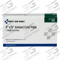 FIRST AID ONLY Cold Pack: 4 in Temp Pack Lg, 5 in Temp Pack Wd, 21-004. Key specifications — Product Type: Cold Pack; Reusable: Disposable; Standards: ANSI Z308.1-2015; Temperature Pack Color: White; Temperature Pack Material: Plastic; Brand: FIRST AID ONLY; Manufacturer Part Number: 21-004; Unitized: Unitized.