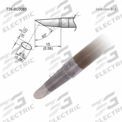 HAKKO Soldering Tip: T39 Series, Bevel, 6.5 mm W, 15 mm Lg (MPN T39-BC3065). Key specifications — Brand: HAKKO; Compatible Handpiece Manufacturer Model Number: FX-9701; Manufacturer Part Number: T39-BC3065.