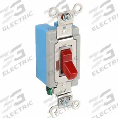 HUBBELL Wall Switch: Toggle Switch, Single Pole, Maintained, Red, 120/277V AC, 15 A (MPN HBL1201R). Key specifications — Illuminated: No; Voltage Rating: 120/277V AC.