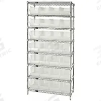 QUANTUM STORAGE SYSTEMS Bin Shelving: 36 in x 24 in x 74 in, 1 Sided, 28 Bins, Open, Clear (MPN WR8-950CL). Key specifications — Includes Bins: Yes; Bin Material: Polypropylene; Frame Color: Silver; Bin HxWxD: (28) 7 in x 8-1/4 in x 23-7/8 in; Frame Material: Steel; Bin Color: Clear; Bin Style: Hang and Stack; Brand: QUANTUM STORAGE SYSTEMS.