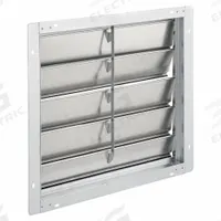 23"H-W 6"L Aluminum Wall Backdraft Dampr: For 20 in Fan, Single Panel, 23 in H, 23 in W, 2 1/4 in D (MPN 2C522). Key specifications — Airflow Direction: Horizontal; Blade Type: Flat Blade; Brand: DAYTON; Maximum Air Velocity: 2000 fpm; Mounting Position: Vertical.