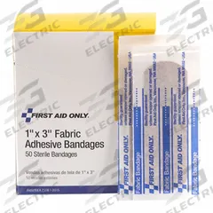 FIRST AID ONLY Adhesive Bandage: Strip Bandages, 1 in Wd, 3 in Lg, Not Metal Detectable, Fabric (MPN G121). Key specifications — Product Type: Strip Bandages; Unitized: Unitized; Water Resistance: Not Water Resistant; Brand: FIRST AID ONLY; Latex Content: Latex Free; Metal Detectable: Not Metal Detectable; Package Type: Box; Manufacturer Part Number: G121.