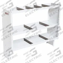 WEATHER GUARD Van Shelving: Steel, Tapered, 3 Shelves, 16 in Overall Dp, 44 in Overall Ht, Universal (MPN 9345-3-03). Key specifications — Color: White; Brand: WEATHER GUARD; End Panel Design: Tapered; Compatible Roof Type: High Roof; Includes: Mounting Hardware.