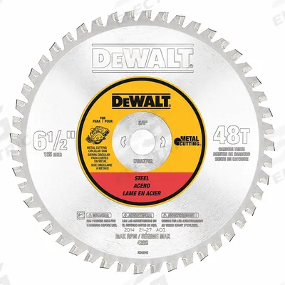 DEWALT Circular Saw Blade: 6 1/2 in Blade Dia., 48 Teeth, 0.06 in Cut Wd, 5/8 in Arbor Size - Steel & General Metal-Cutting Blades