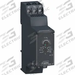 SCHNEIDER Time Delay Relay: DIN-Rail Mounted, 24 to 240V AC/DC, 8 A, 6 Pins/Terminals (MPN RE22R2QEMR). Key specifications — Contact Rating (DC): 8 A @ 24V; Delay Function: Star-Delta; Input Voltage: 12 to 240V AC/DC; Brand: SCHNEIDER.