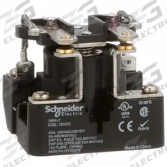 SCHNEIDER Open Power Relay: Surface Mounted, 40 A Current Rating, 12V DC, DPST-NO, 6 Pins/Terminals (MPN 199X-7). Key specifications — Brand: SCHNEIDER; Base Type: Square; Mounting Style: Surface; Electrical Connection: Screw Terminal; Manufacturer Part Number: 199X-7; Operating Current: 5 A at 600V AC (Resistive Load); Series: 199 Power Series.