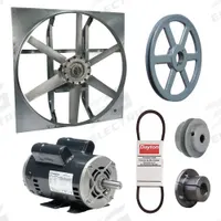 Exhaust Fan with Drive Package: Belt Drive, 54 in Blade, 2 hp, 29,332 cfm, 115/208-230V AC, 1 ph (MPN 7AR71). Key specifications — Frame Finish: Zinc Plated; Assembled: Unassembled; Brand: DAYTON; Nameplate Voltage: 115/208-230V AC; Frame Material: Steel; Guard Type: None; Method of Construction: Cast; Motor Insulation: Class B.