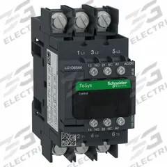 SCHNEIDER ELECTRIC IEC Contactor: Non-Reversing, 3 Poles, 3NO Contacts, 65 A, 120V AC/240V AC Coil (MPN LC1D65A6KUE). Key specifications — Brand: SCHNEIDER; Integrated Surge Suppression: Yes.