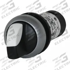 EATON Selector Switch: 22 mm Panel Mounting Size, 2 Positions, Short Lever, 1NO/1NC, Metallic (MPN C22-WRK-K11). Key specifications — AC Contact Rating: 1.5 A @ 230 V; Action: Maintained/Maintained; Cam: No Cam Required; DC Contact Rating: 3 A @ 24 V; Hazardous Location Specification: Not Rated; Operator Head Material: Polycarbonate; Operator Head Type: Short-Handled Knob; Operator Illumination: Non-Illuminated.