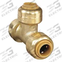 SHARKBITE Push-Fit Tee Fitting: 3/8 in OD x 1/4 in OD x 1/4 in OD Size, DZR Brass, Coupling, Swivel (MPN U358LF). Key specifications — Brand: SHARKBITE.