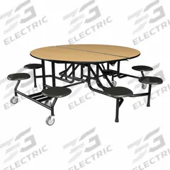 PALMER HAMILTON Cafeteria Table: Fusion Maple, Stool Seat, 29 in Overall Ht, 79 in Overall Lg, Lava (MPN 59T122960RD-S8-FBL). Key specifications — Tabletop Structural Material: Industrial Grade High Pressure Laminate with Particleboard Core; Tabletop Surface Material: Laminate.