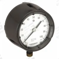 ASHCROFT Process Pressure Gauge: 0 psi to 100 psi, White, 4 1/2 in Dial, 1/2 in NPT Male, Bottom (MPN 451279AS04L100#). Key specifications — Brand: ASHCROFT; Pointer Color: Black; Accuracy: ±0.5%; Dial Color: White; Gauge Wetted Parts: Brass / Bronze; Case Material: Phenolic; Vibration Resistance Properties: None; Pressure Range: 0 psi to 100 psi.