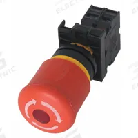 EATON Emergency Stop Push Button: Red, 22 mm Mounting Size, Non-Metallic, Maintained (MPN M22-PVLT45P). Key specifications — Brand: EATON; Action: Maintained; Legend: Twist Arrow; Series: M22; Push Button Material Type: Non-Metallic.