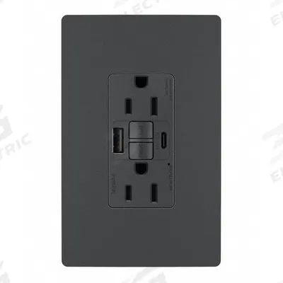 LEGRAND Receptacle: 5-15R, Graphite, 125V AC, 15 A - Weather-Resistant Receptacles with USB Chargers